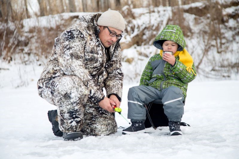 father-son-on-winter-fishing-drinking | ice fishing