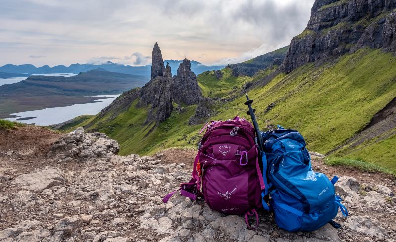 sprey backpacks resting on the ground after the hike to Old Man of Storr-Day Hiking Gear-SS